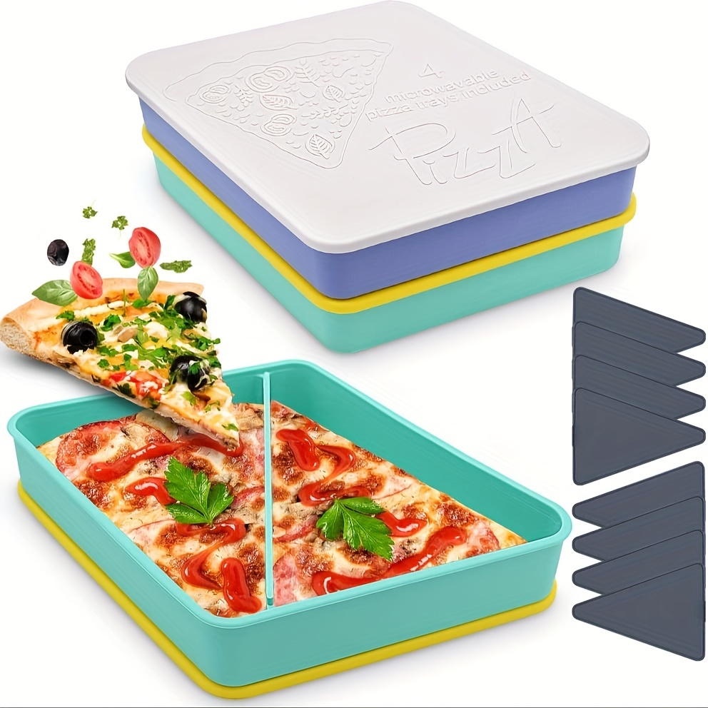 Silicone Pizza Storage Container,Reusable Pizza Slice Container with 2  Compartments,Pizza Leftover Storage Box with 4 Microwavable Serving