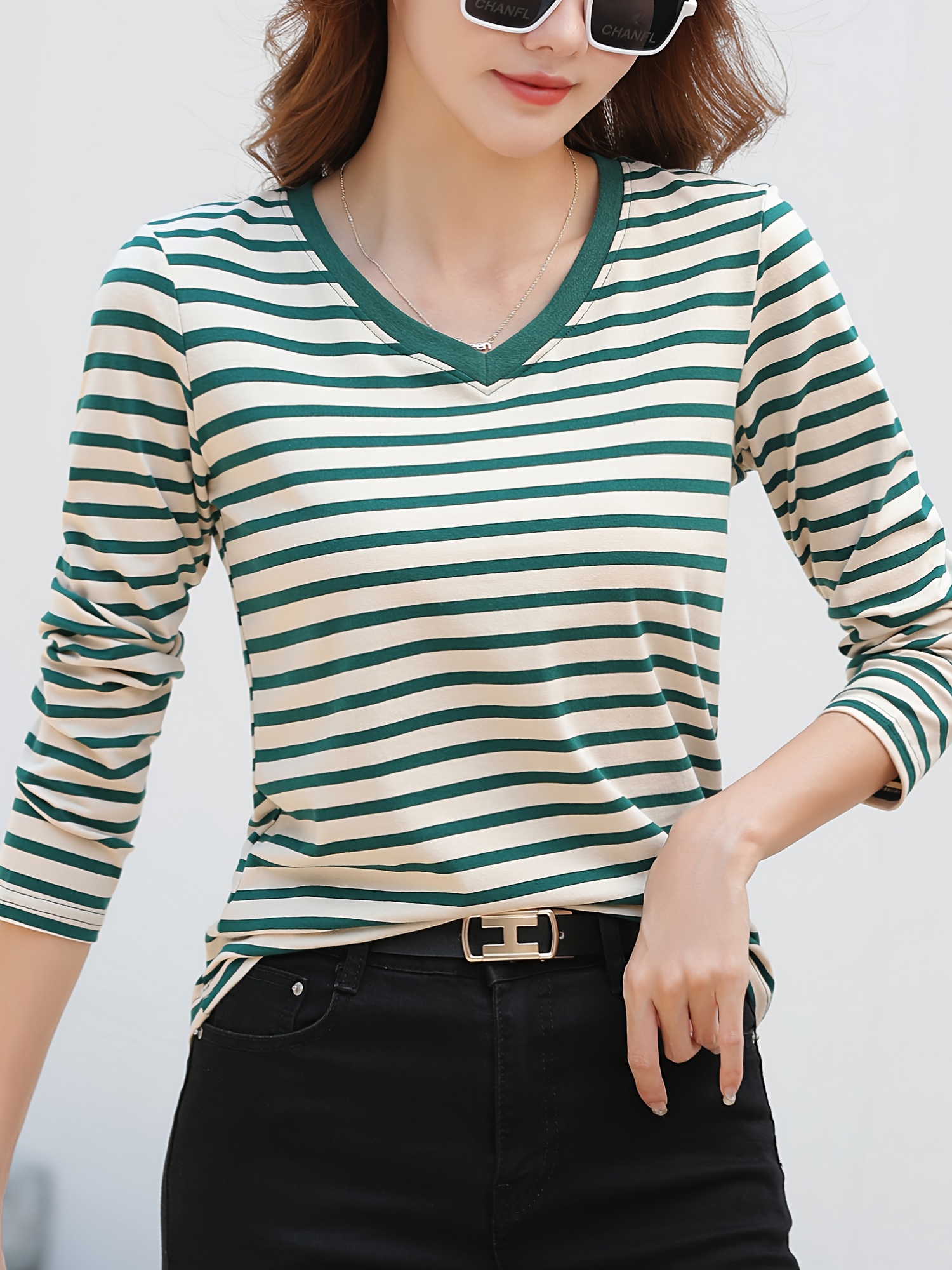 striped long sleeve t shirt v neck casual top for spring fall womens clothing green 3