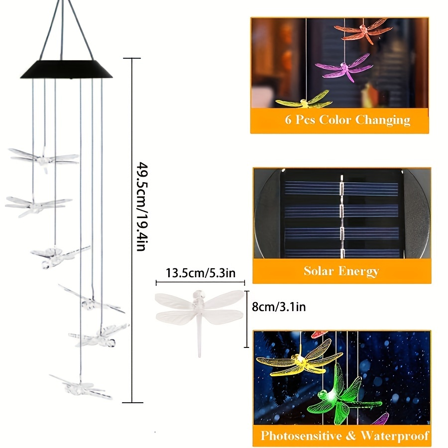 Carillon éolien solaire en forme de libellule KINARITO avec lumière LED  changeante de couleur pour cour, jardin, piscine, lampe accessoire