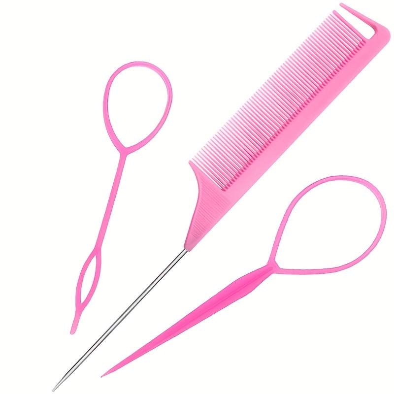 Hair Tail Tools, TsMADDTs 3Pack Hair Loop Tool Set with 2Pcs French Braid  Tool Loop 1Pcs Rat Tail Comb Metal Pin Tail Braiding Comb for Hair Styling,  Pink A-Pink