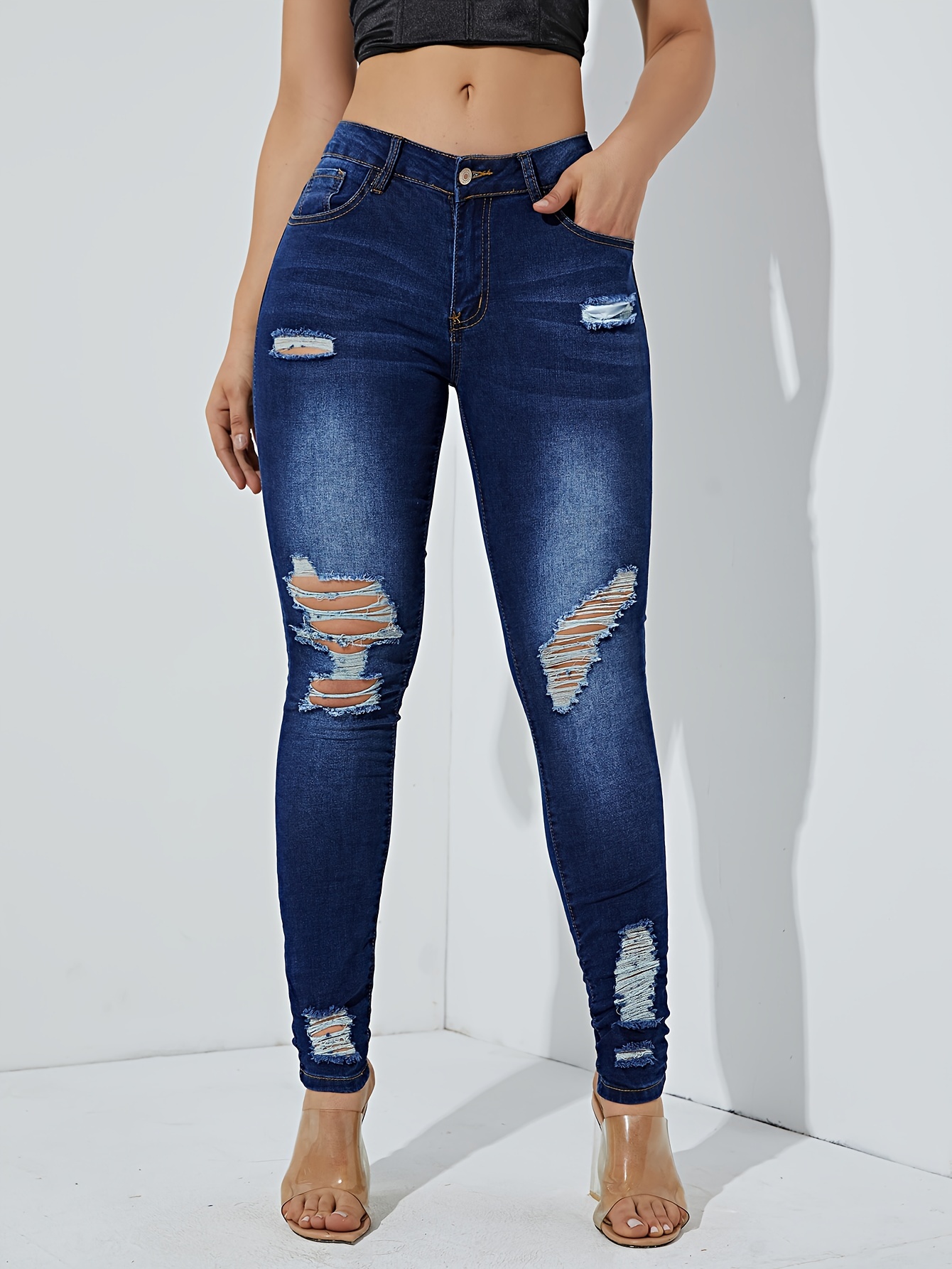 Dark Blue Distressed Skinny Jeans Slim Fit Ripped Holes - Temu Canada