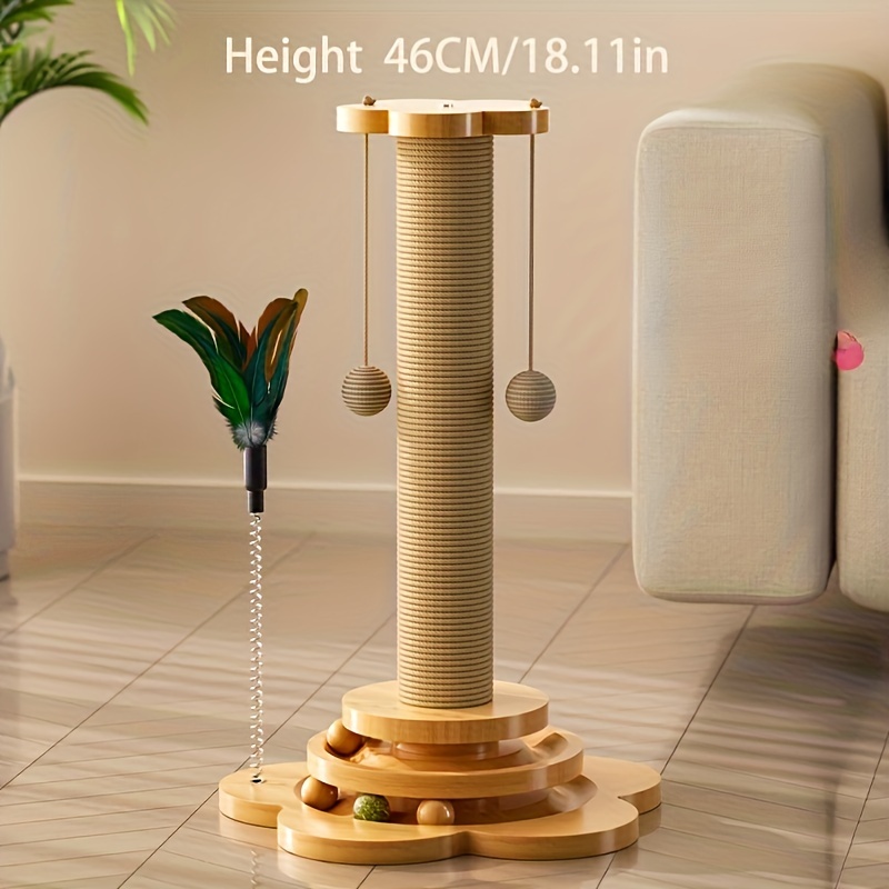 1pc Solid Wood Cat Turntable Cat Scratching Post, Cat Teaser Stick, Cat Scratching Board For Cats, Durable Cat Toys, Sisal Cat Climbing Stand details 3