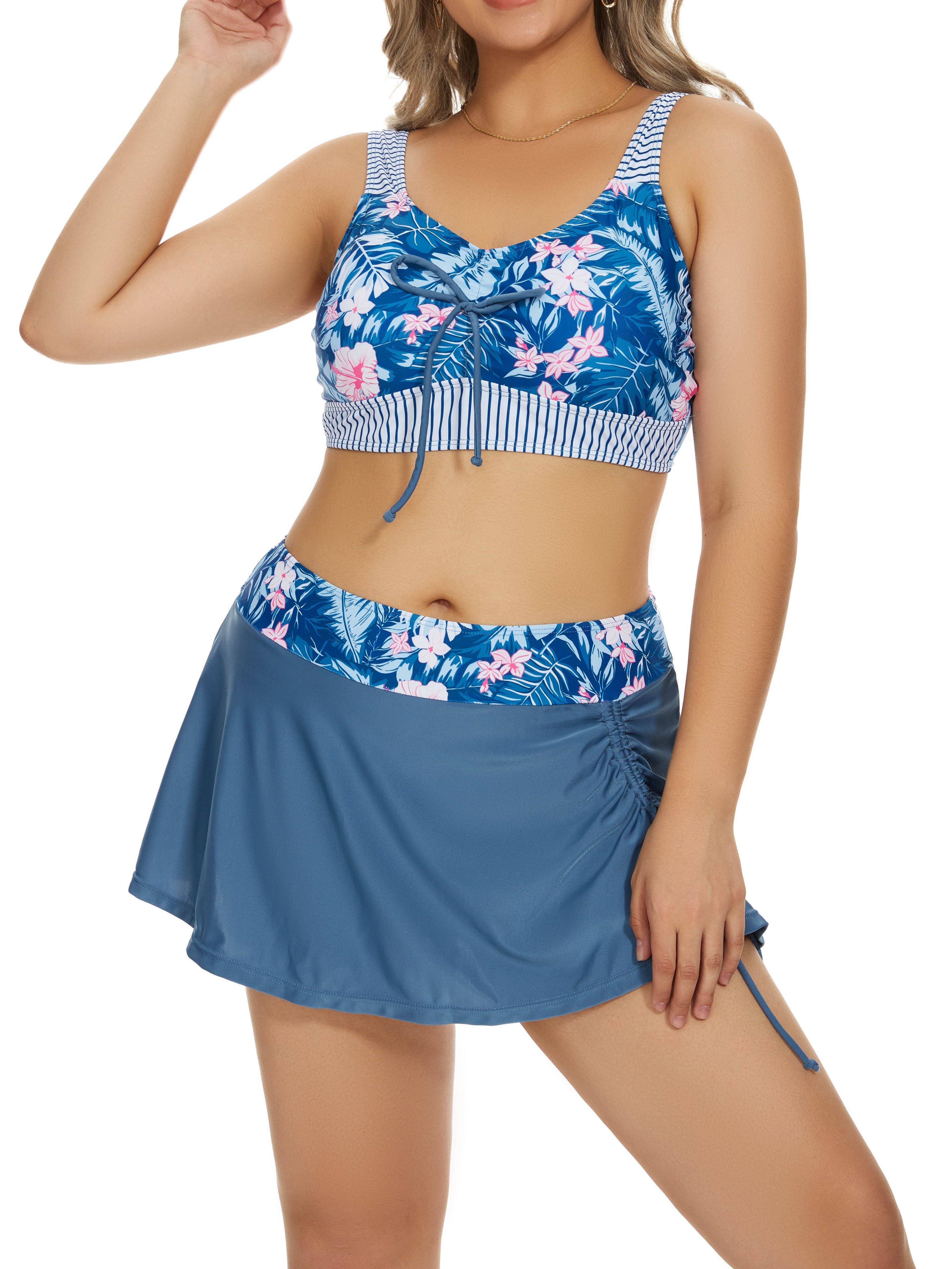 Plus Size Boho Tankini Set, Women's Plus Tropical Print Square Neck Tie  Front Dress & Panty Swimsuit Two Piece Set