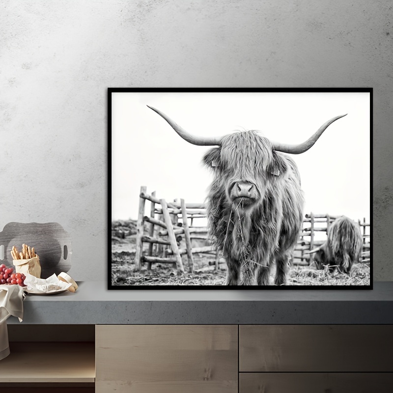 ハイランド牛キャンバス 白黒風景牧場毛牛動物ウォールアート 写真
