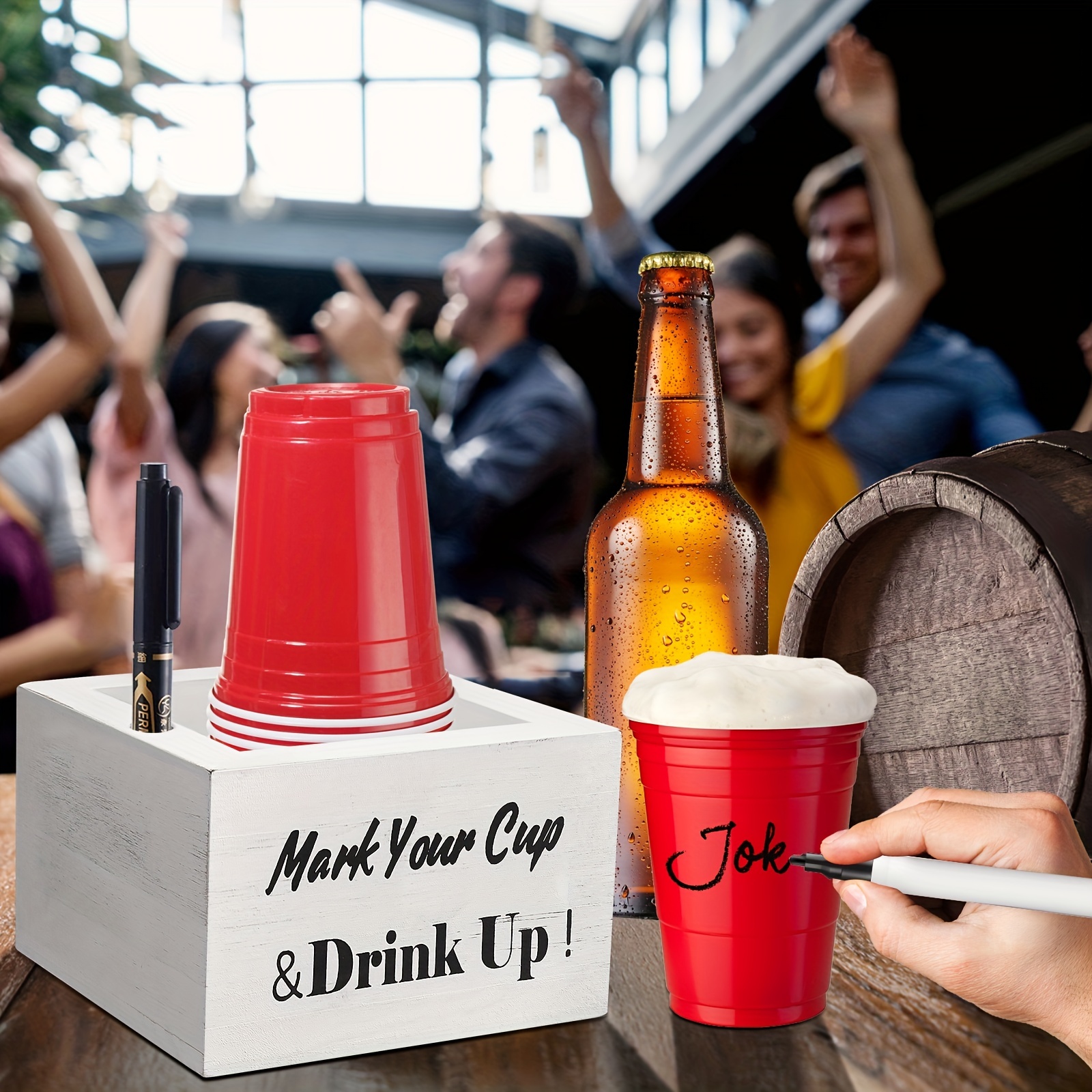  Double Solo Cup Holder with Marker Slot Wooden Mark Your Cup  and Drink Up 2 Sides Designs Drink Dispensers for Parties Farmhouse Bar  Christmas Housewarming Party Holiday Decor Hostess Gifts 