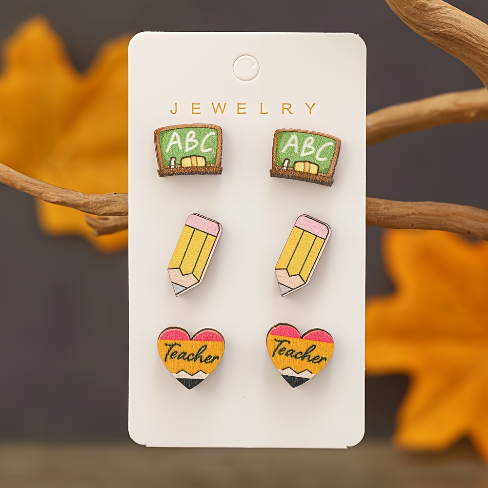 TEMU 3 Pairs Of New Stationery Earrings, Blackboards, Pencils, Teacher's Love Pattern Earrings, And , Wooden Earrings, Denim Creative Earrings, Cute