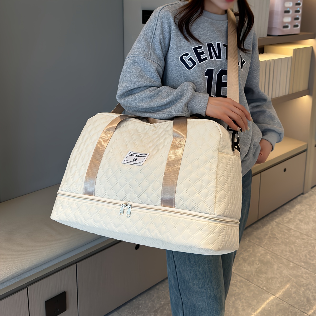 lightweight argyle pattern luggage bag large capacity travel duffle bag portable overnight bag details 16
