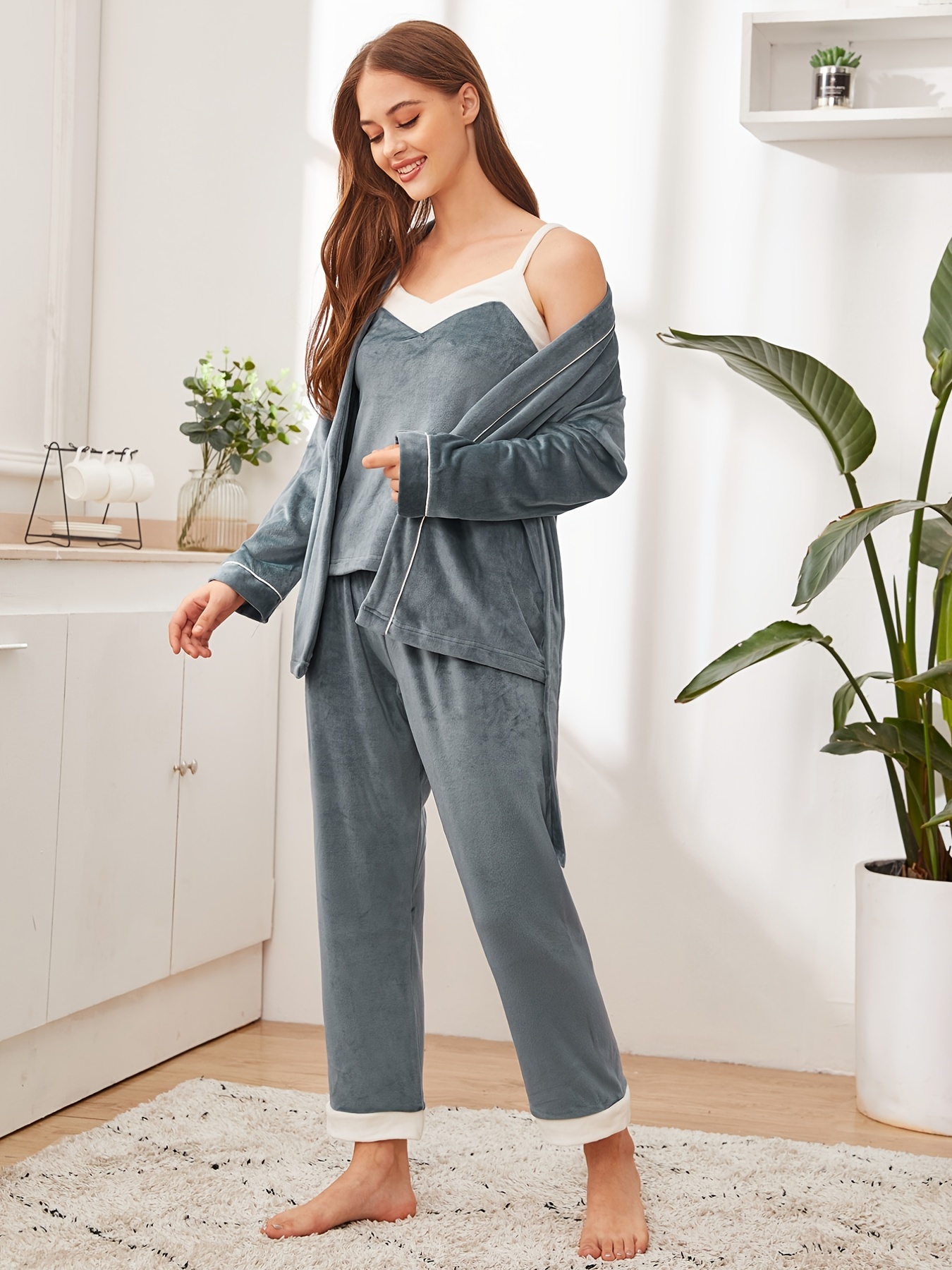 Sleep Set Long Sleeve Robe + Camisole Top + Lounge Pants - Temu