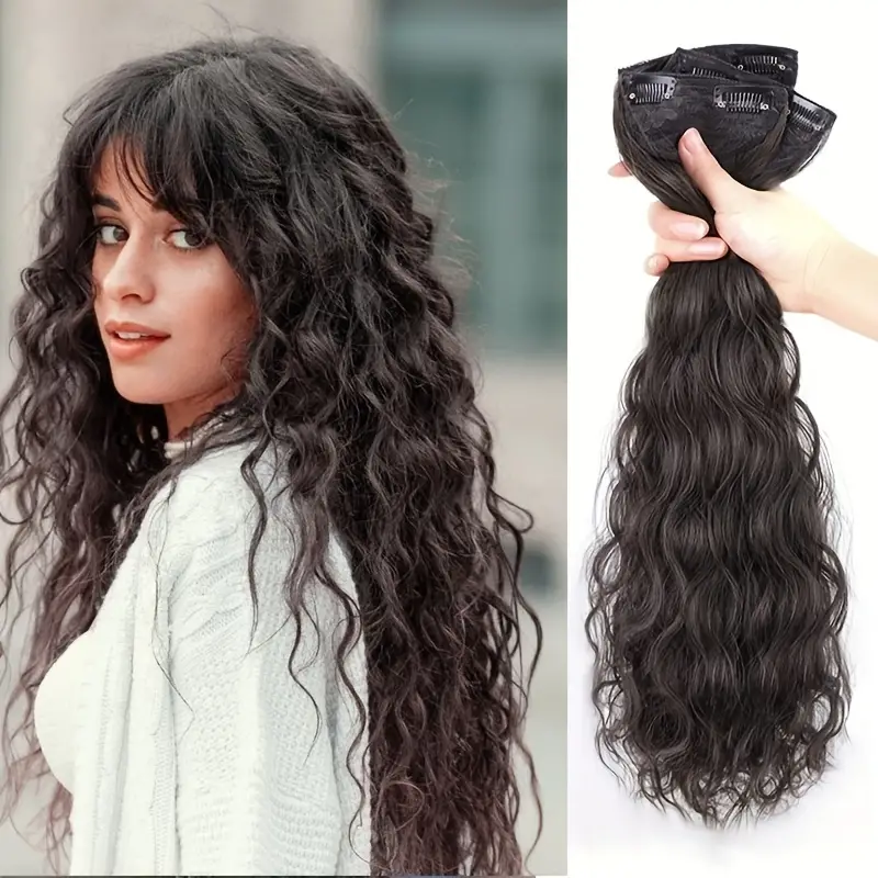 3pcs Long Water Wave Hair Extensions, Human Hair Extensions 18 inch Clips in Hair Extensions for Women Natural Looking Curly Hair Extensions,Temu