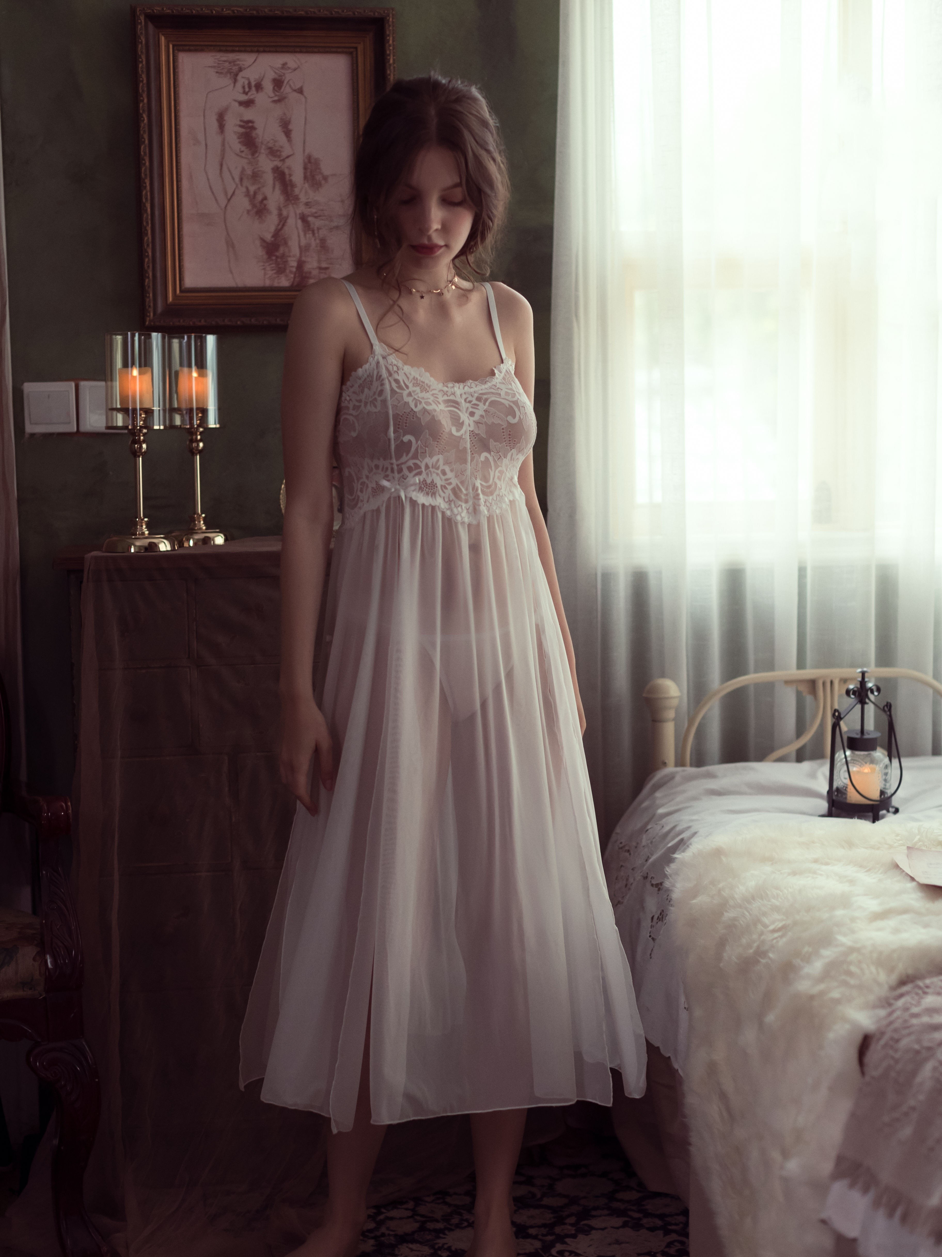 Sheer White Long Dressing Gown & Nightdress Set