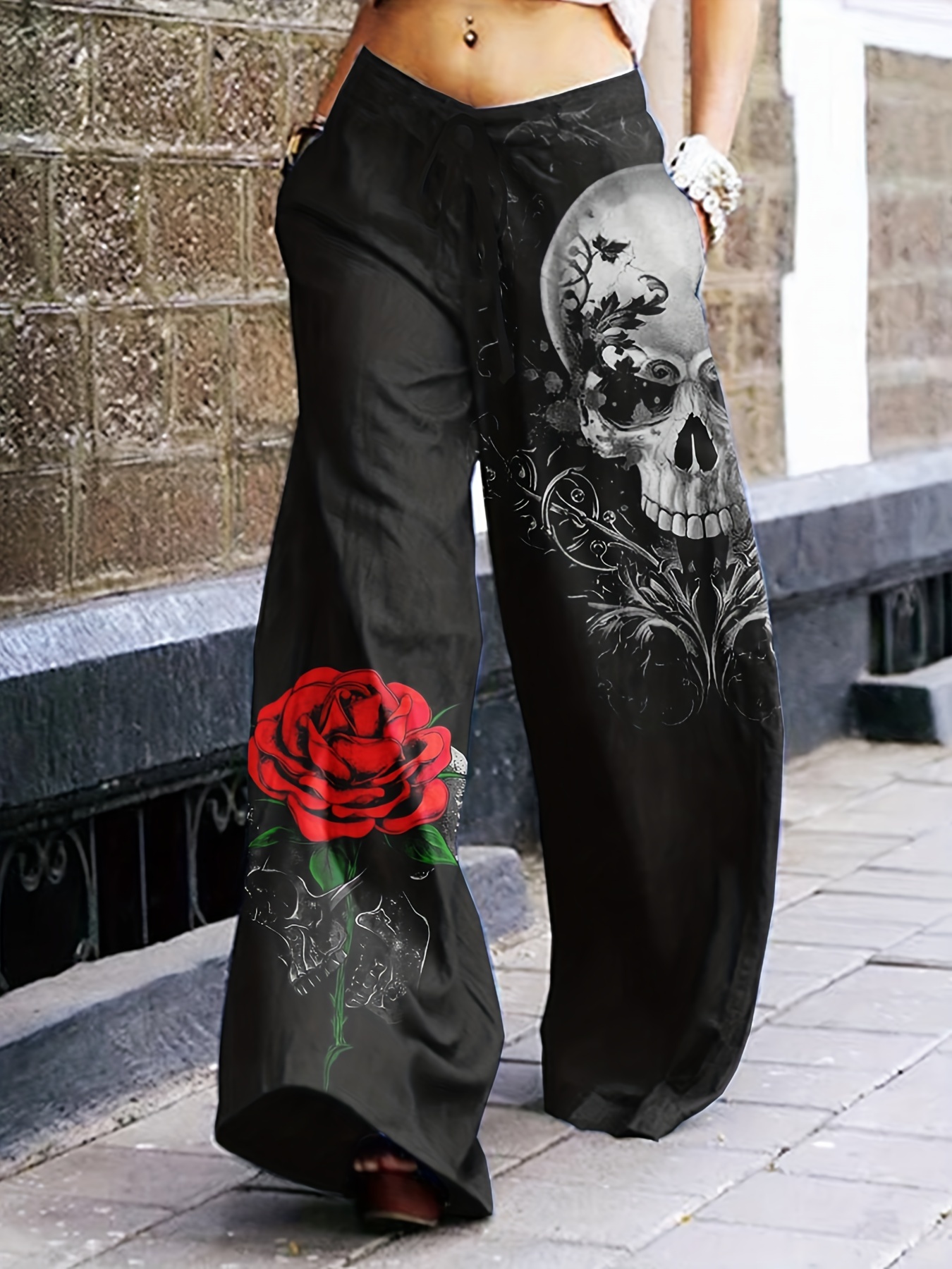 Plus Size Halloween Goth Pants Women's Plus Floral Skull - Temu United  Kingdom