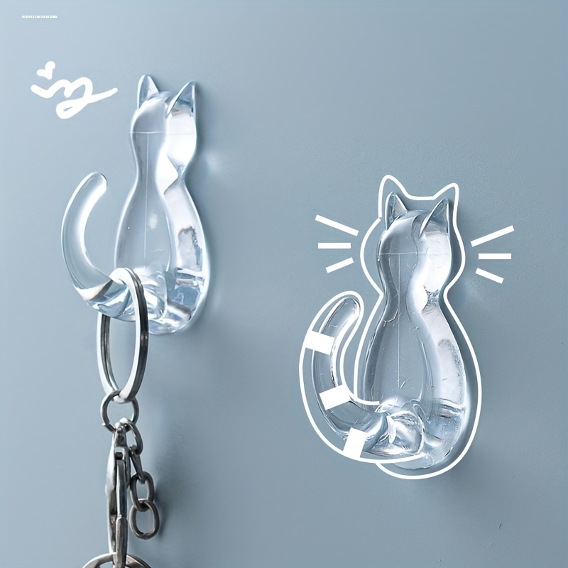 4Pcs Self Adhesive Cat Sticker Hook Plastic Cartoon Cat Hook Key Holder Cat  Seamless Hook Kitchen