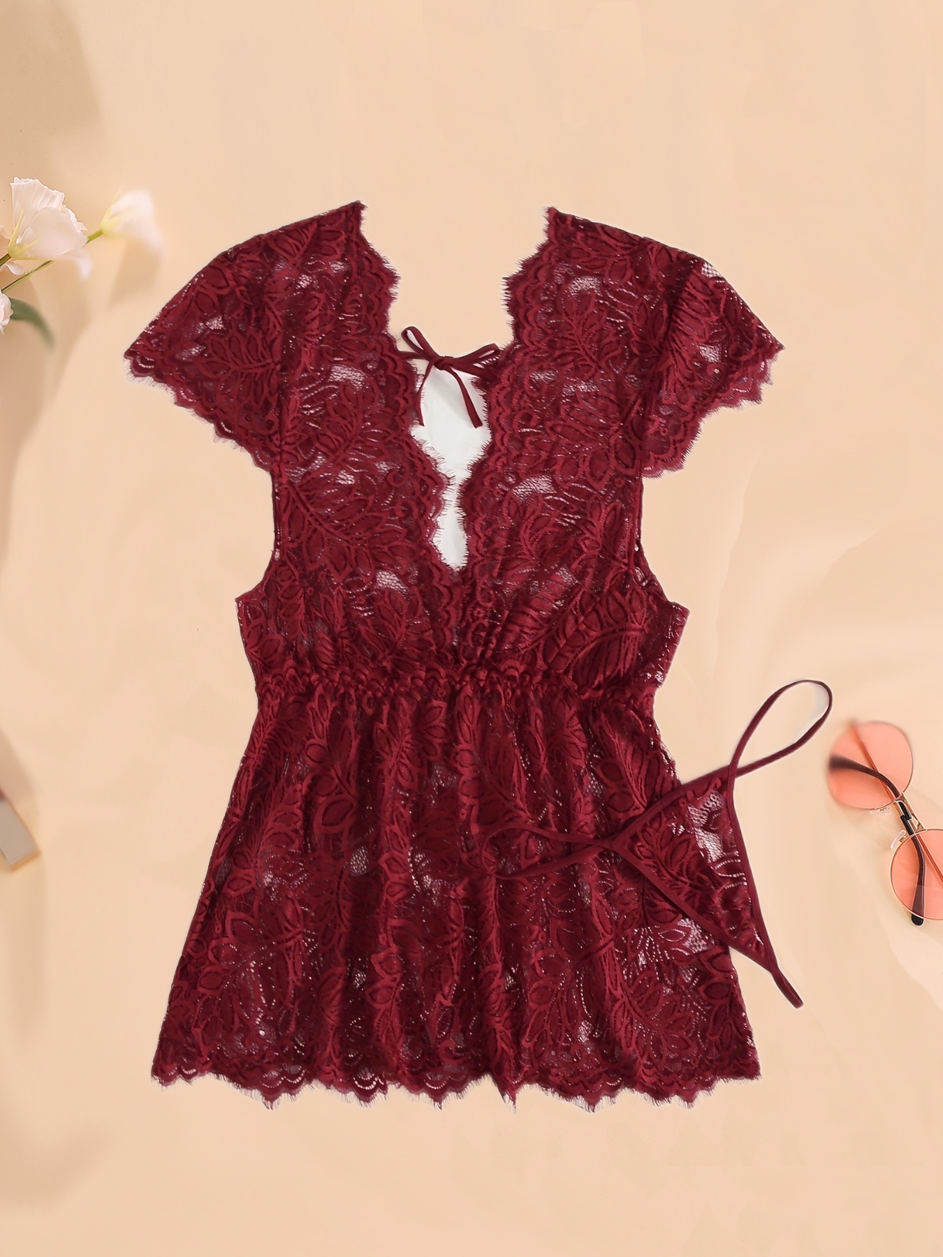 Plus Size Contrast Lace Semi Sheer Babydoll Nightgown - Temu