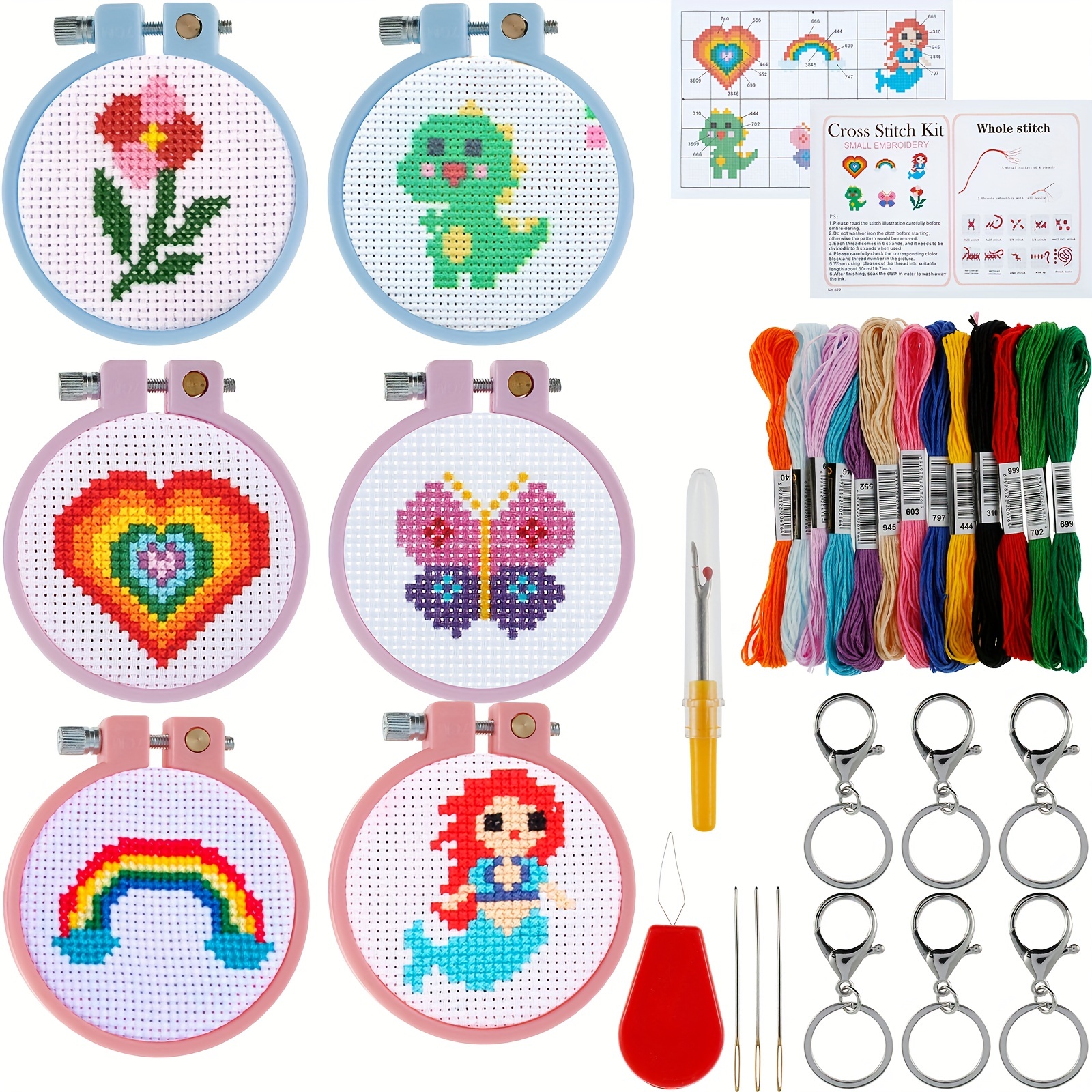 REEWISLY 4 pcs of Embroidery Starter kit with Patterns and Instructions DIY  Adult Beginner Cross Stitch Kits Including 2 Plastic Embroidery Rings 1  Pair of Scissors Colored Threads and Needles Black