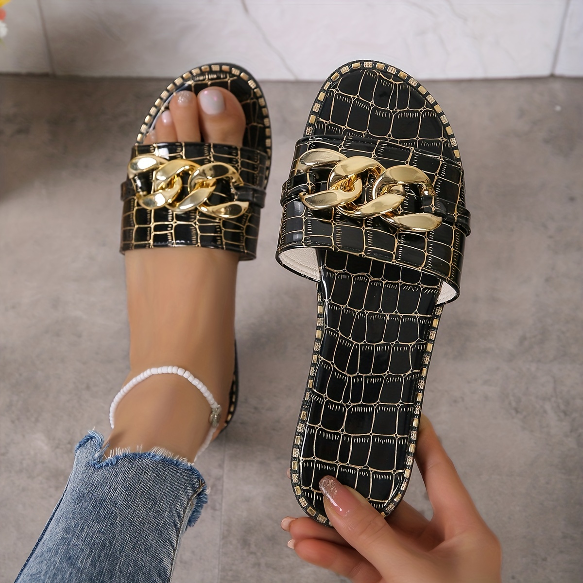Women's Chain Decor Slide Sandals, Fashion Open Toe Slip On Flat