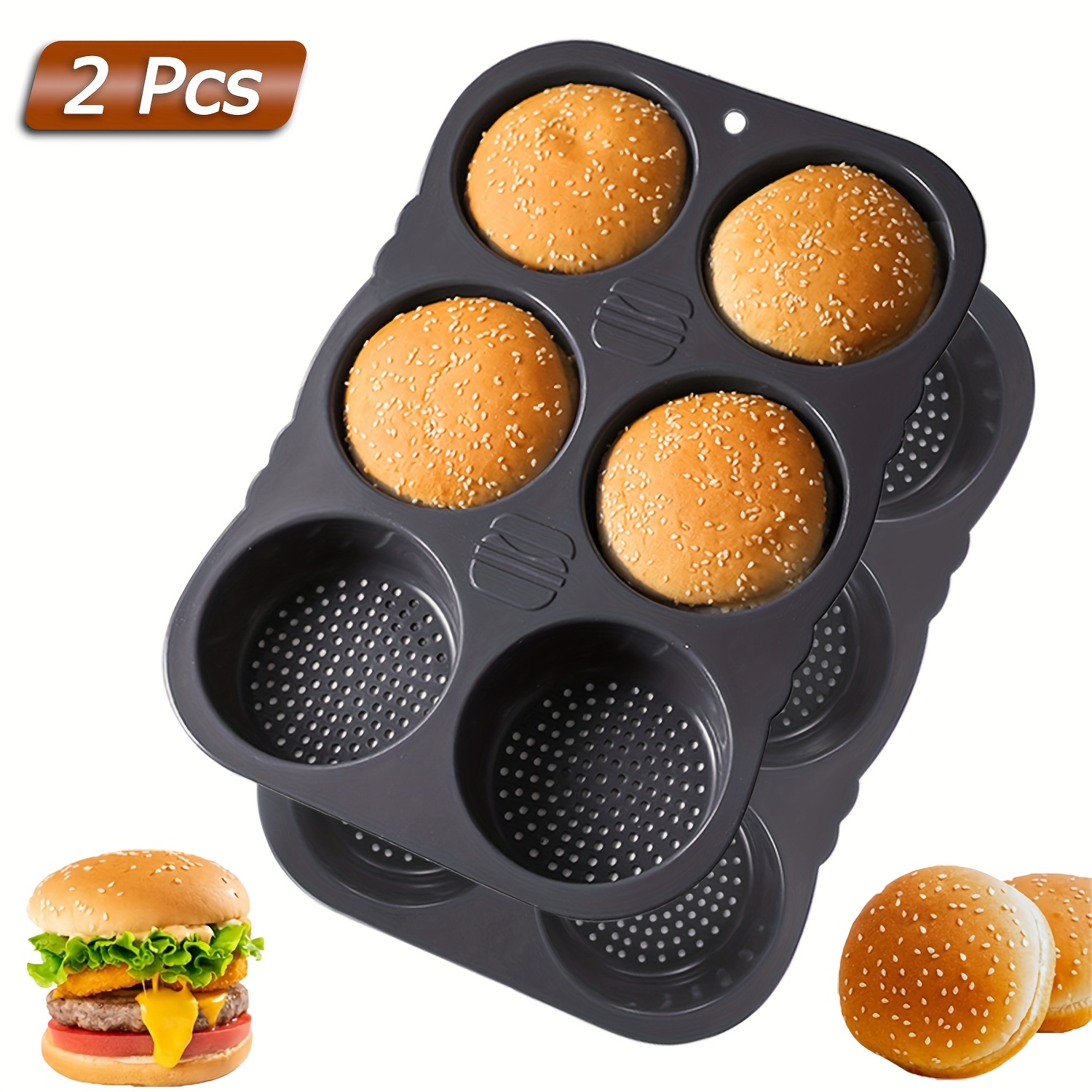 8 Holes Hamburger Bun Pans for Baking Mesh Silicone Bread Pans for Baking Non Stick Perforated Baking Molds, Black