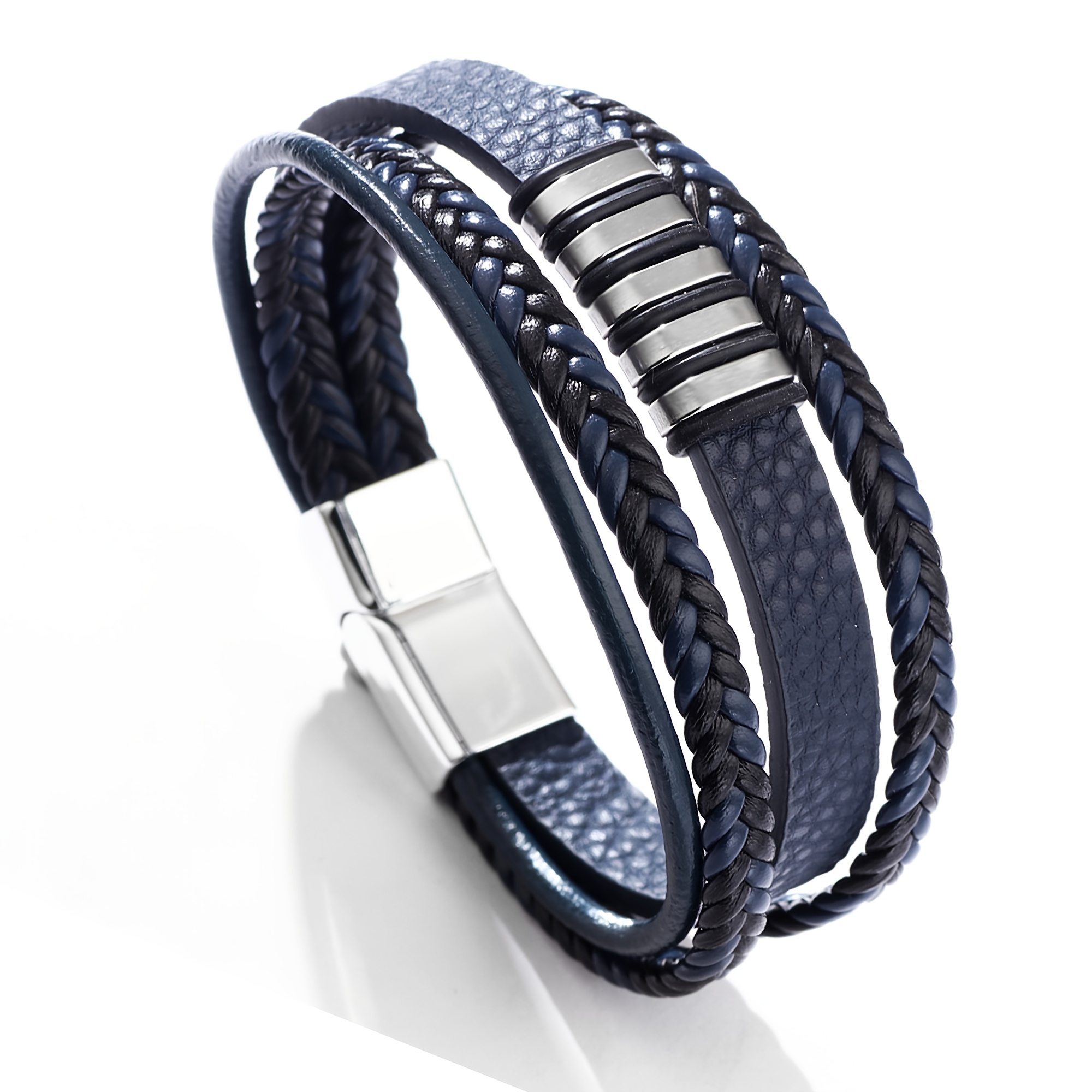 Touyony Men's Braided Leather Bracelet With Stainless Steel - Multi-Layer Bangle In Brown/Black/Blue