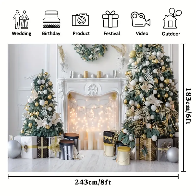1pc christmas white fireplace gift christmas tree photography backdrop vinyl indoor living room winter christmas photography backdrop new years eve party photo studio props christmas decor christmas party decor supplies 7x5ft 8x6ft details 3