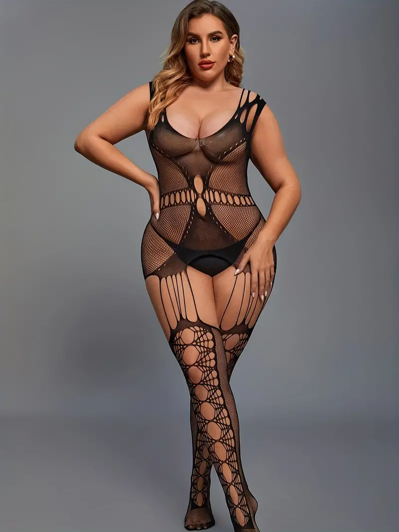 Plus Size Sexy Lingerie Bodystockings, Women's Plus Cut Out Fishnet  Crotchless Bodysuit Without Liner