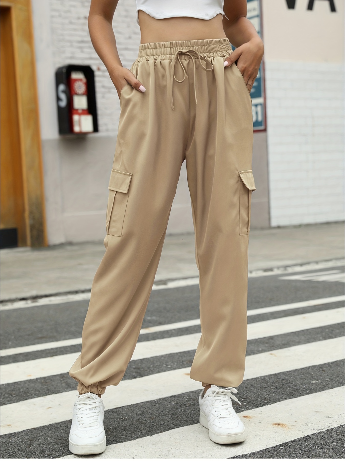Straight Leg Cargo Pants Y2k Solid High Waist Casual Fashion - Temu
