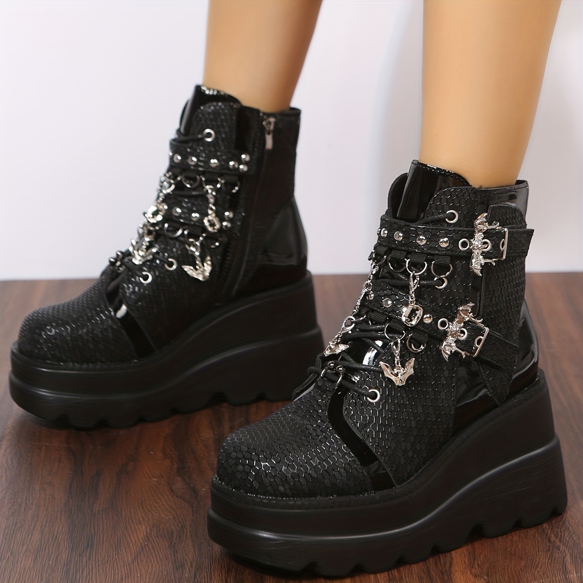 Gothic Women's Platform Ankle Boots with Loose Chain Lace Up Buckles and Thin Heels