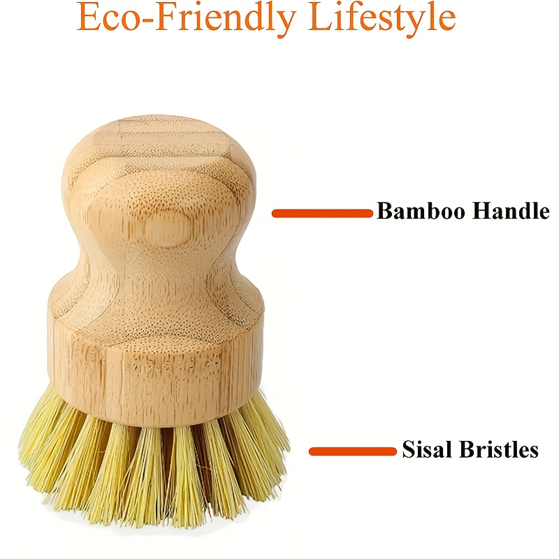 Wooden Bamboo Round Pot Dish Bowl Cleaning Brush with Handle Fruit