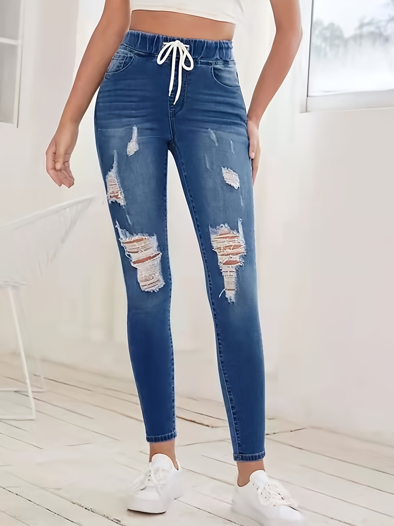 DISOLVE Womens Plus Size Skinny Distressed Jeans High Waisted Stretch  Drawstring Ripped Denim Joggers Free Size (26 Till 28) Blue Color :  : Fashion