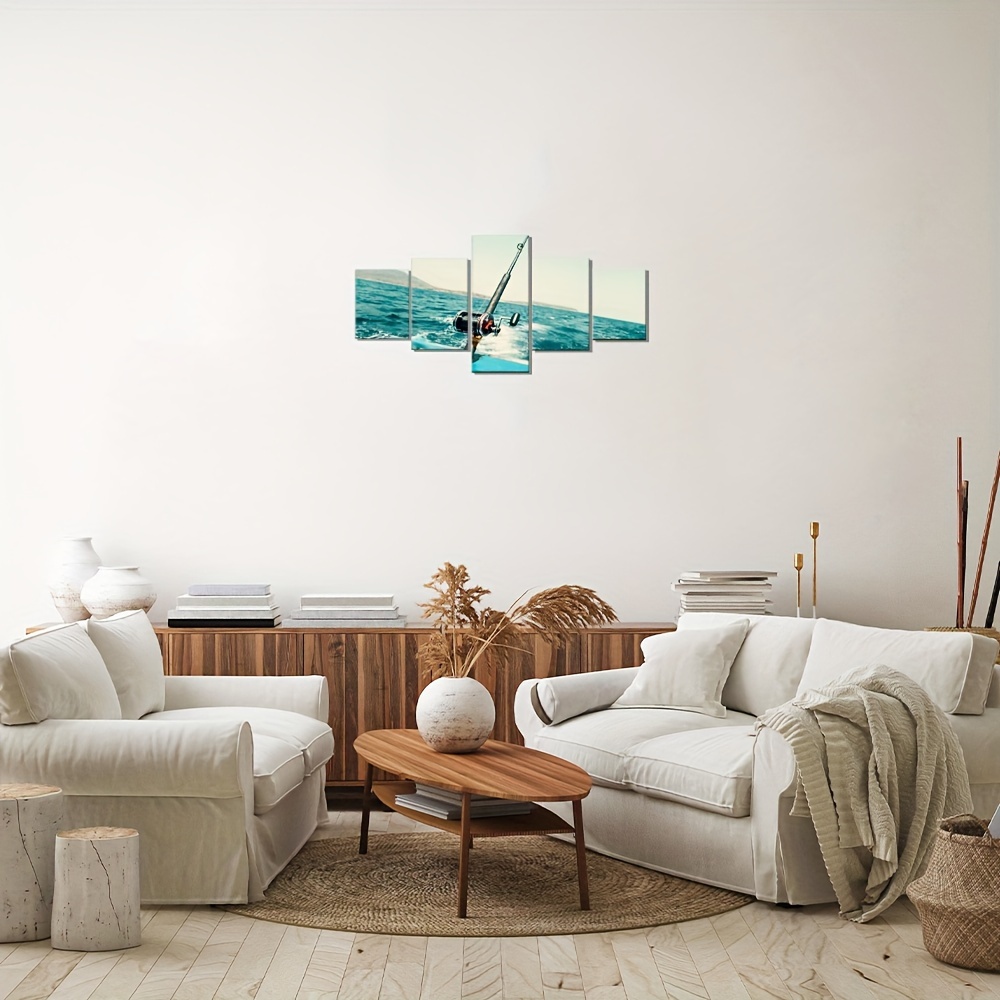 5pcs Art Work For Home Walls Metal Fishing Trolling Reel Paintings For  Bedroom Ocean Ocean Angling Pictures House Decor Canvas Wall Art- Unframed