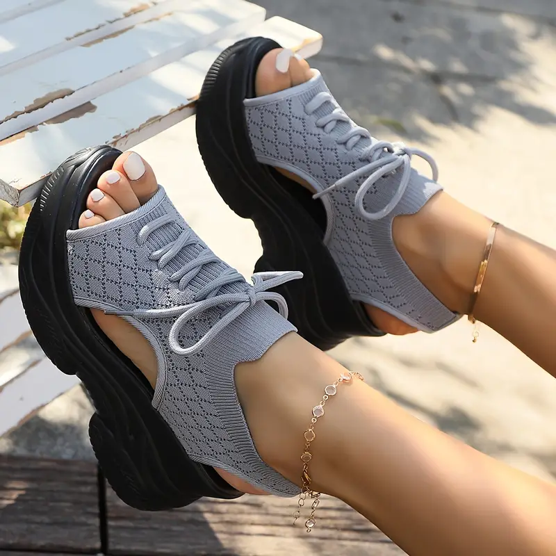 platform sandals women s solid color lace slingback knit detalles 5