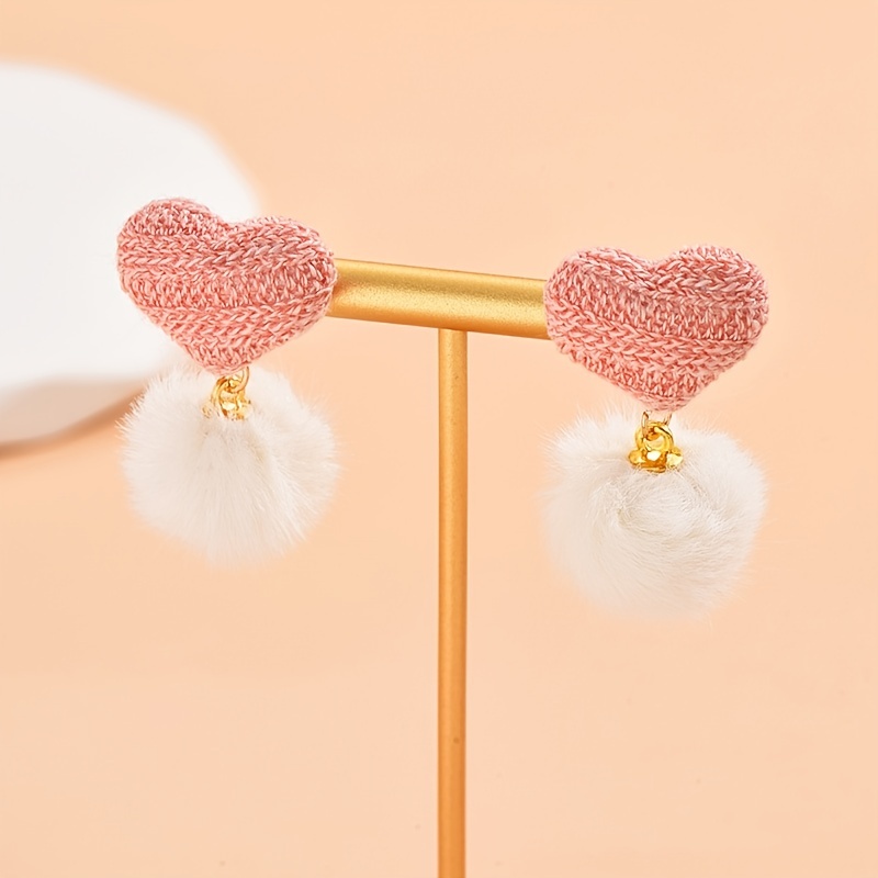 Heart Shaped Pink Earrings with Pom Pom