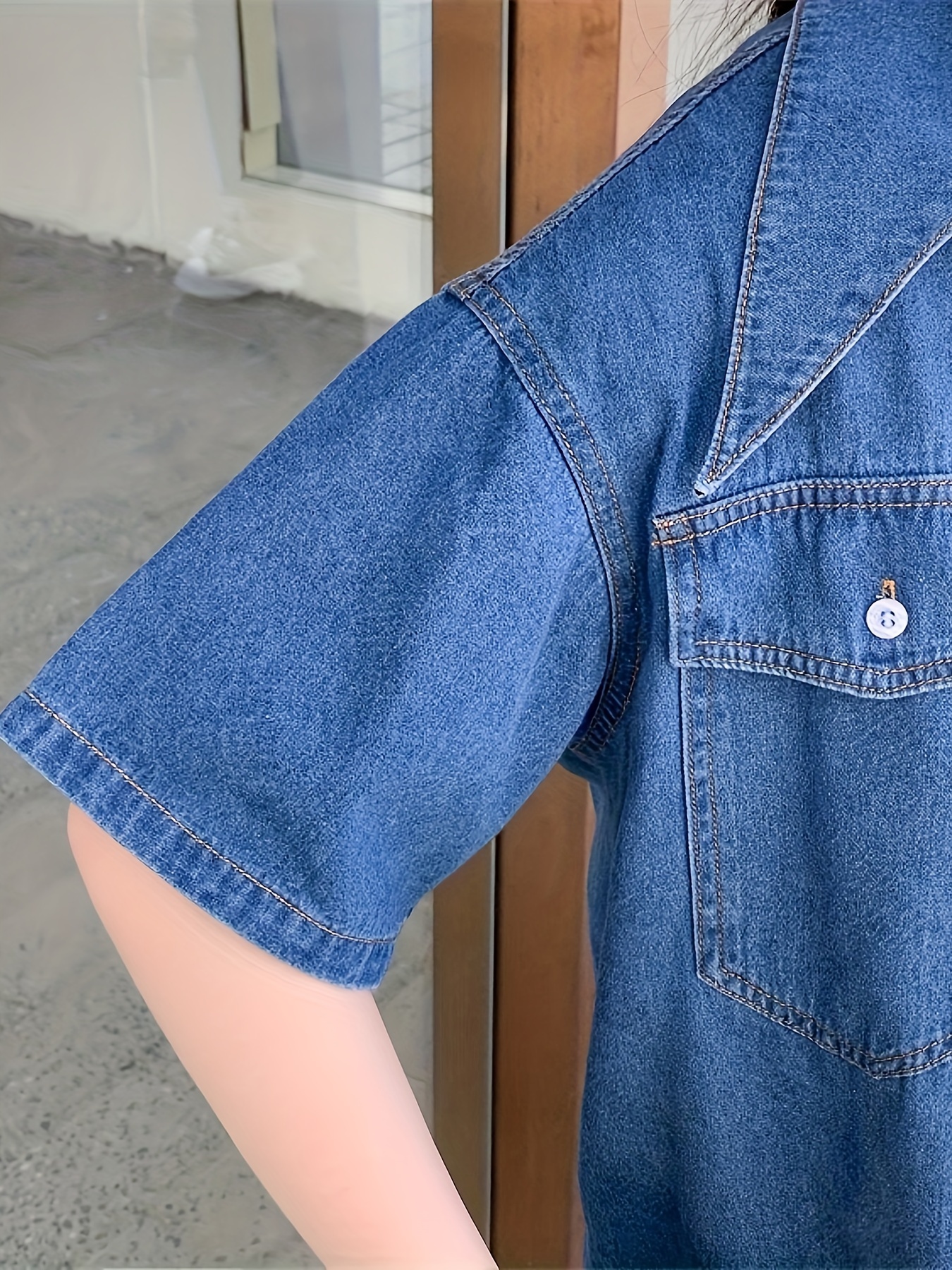 レディースカジュアル半袖デニムボタンアップシャツ ブルーのコットン  