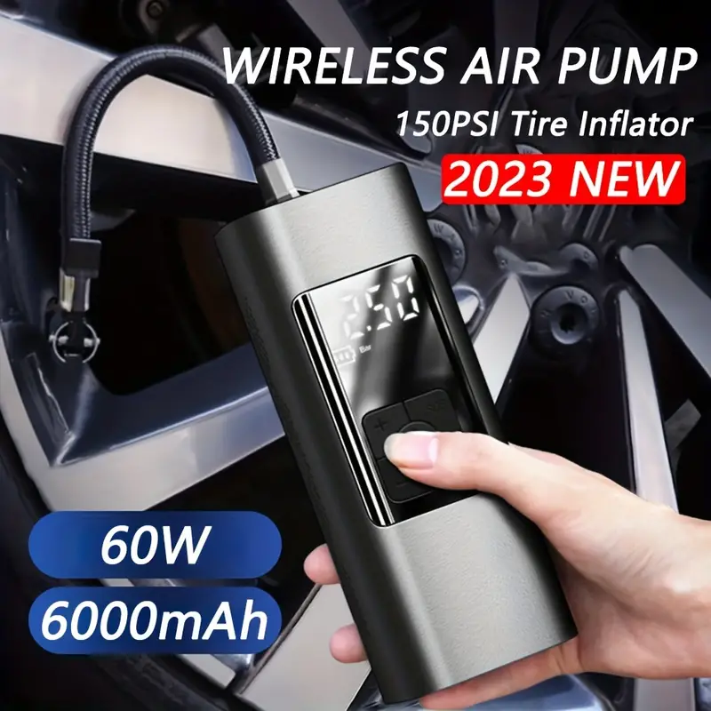 Gonfleur de pneu portable sans fil 6000 mAh : pompe à air numérique 150 psi  pour voitures, vélos et bateaux