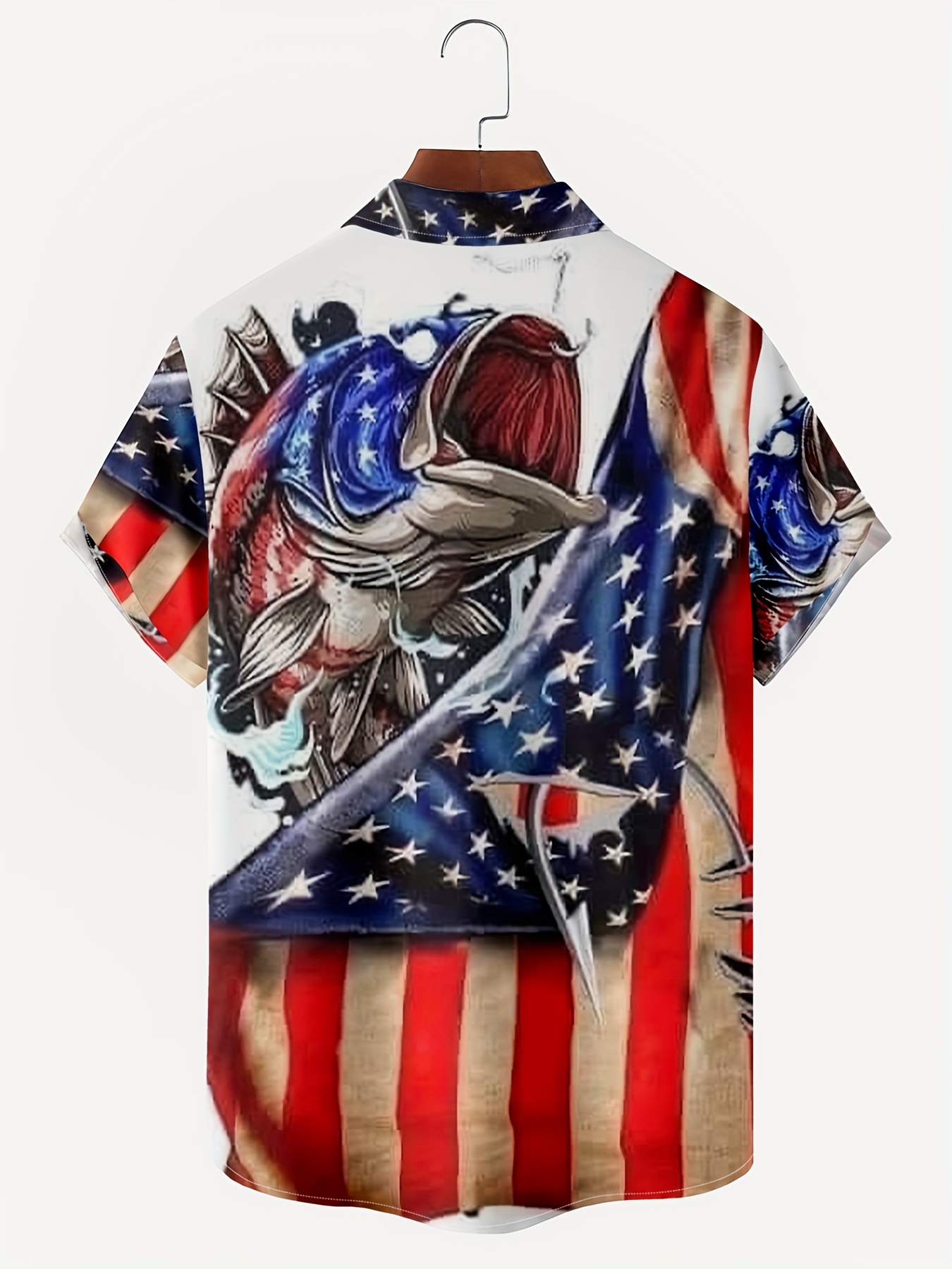 Independence Day Men's Plus Size 3D US Flag & Fish Print Shirt, Casual Button Down Graphic Short Sleeve Shirt For Males, Men Trendy Clothing