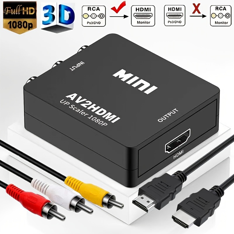 RCA to HDMI Converter, AV to HDMI Converter Adapter 2 in 1 Out(1 RCA and 1  hdmi in) HDMI Out with HDMI Cable Support 4K@60Hz 3D 1080P for VHS VCR Xbox