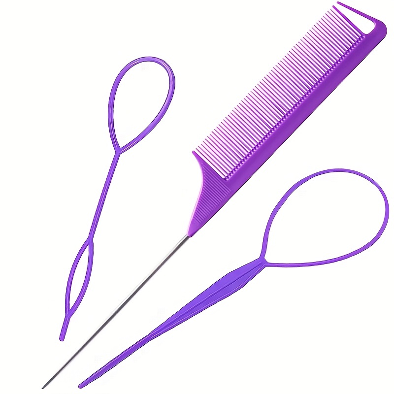 TsMADDTs 3Pack Hair Loop Tool Set with 2Pcs French Braid Tool Loop 1Pcs Rat  Tail Comb Metal Pin Tail Braiding Comb for Hair Styling, Purple
