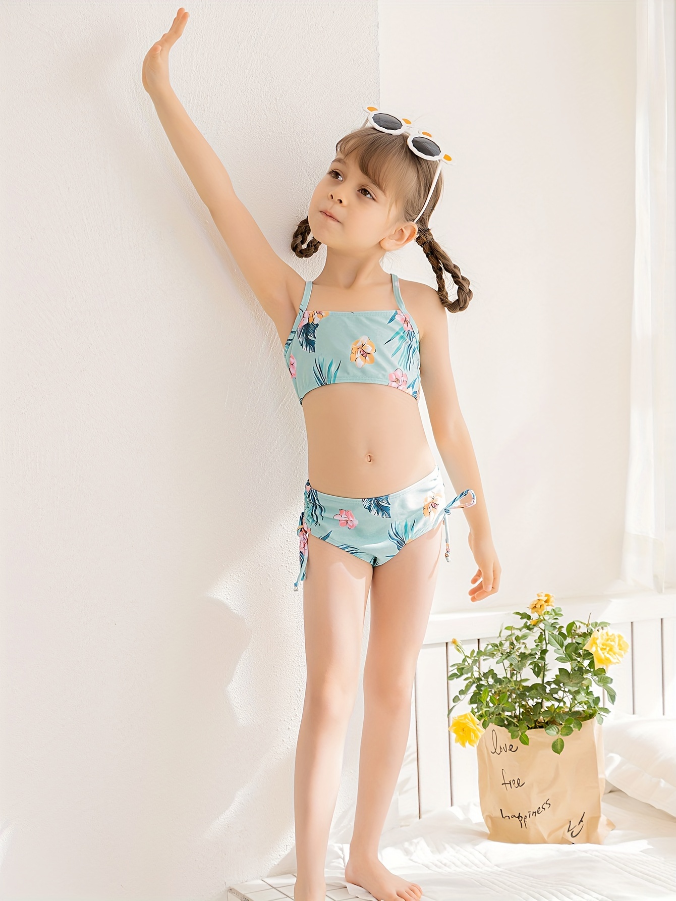 Girls Floral Print Bikini Swimsuit 2pcs Ruffle Decor - Temu