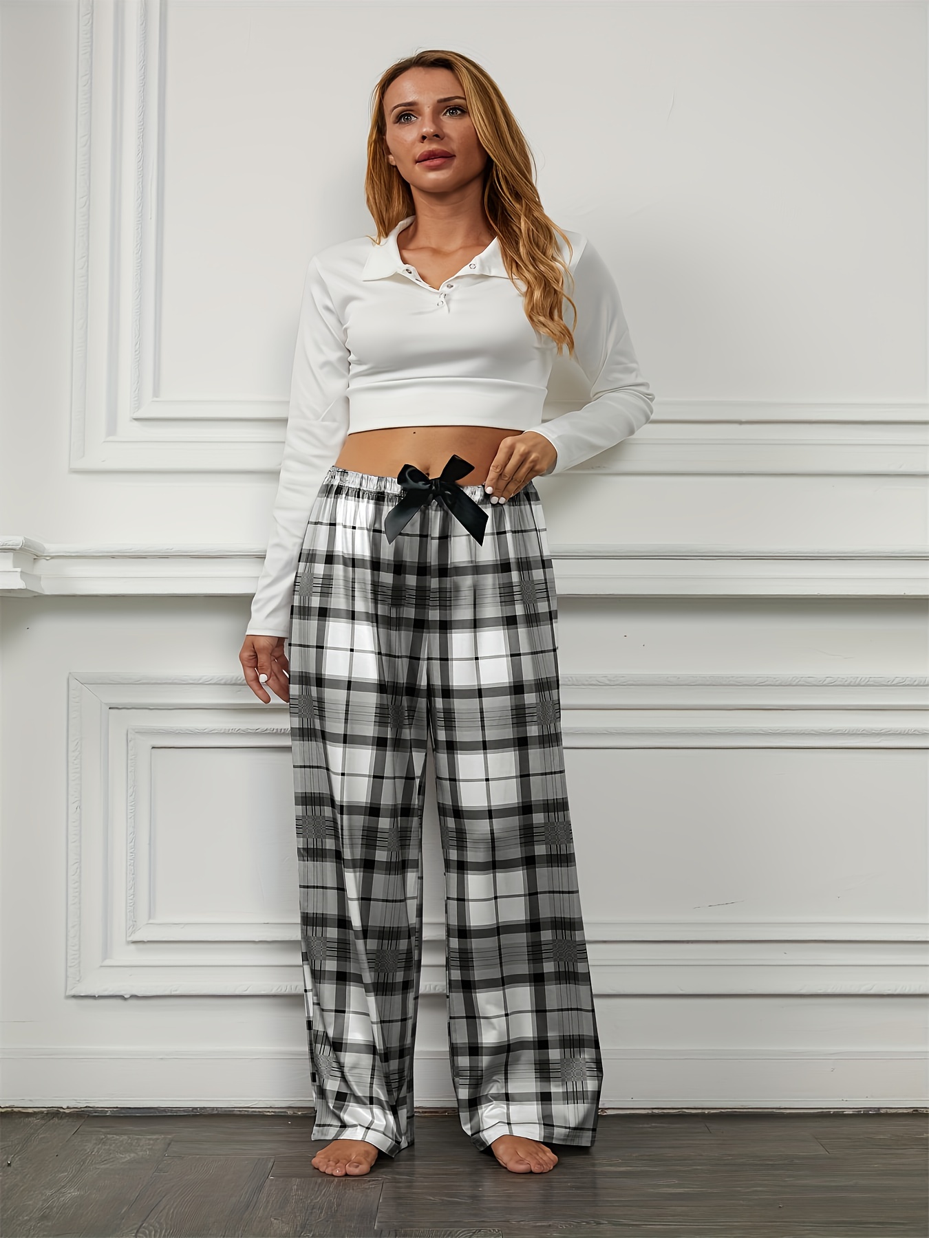 Cute Plaid Lounge Pants Bow Decor Elastic Waistband Pants - Temu