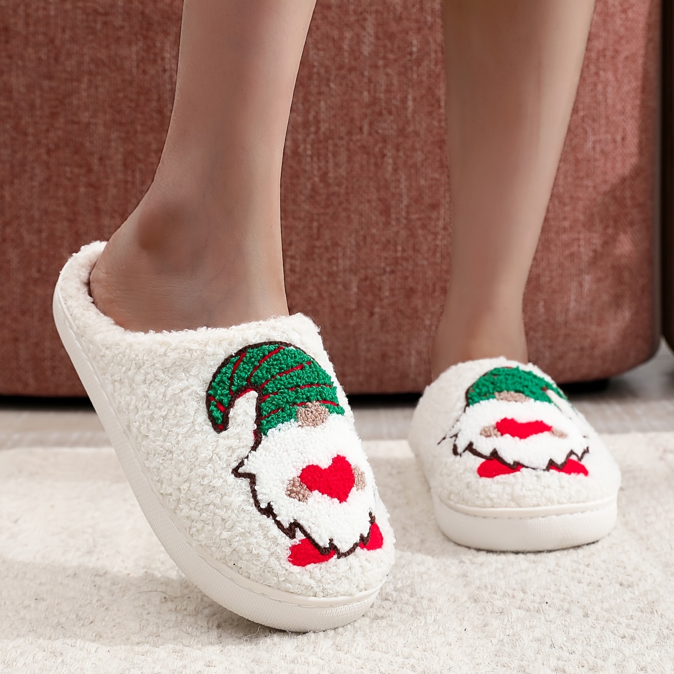 TEMU Cute Christmas Gnomes Pattern Slippers, Casual Slip On Plush Lined Shoes, Comfortable Indoor Home Slippers