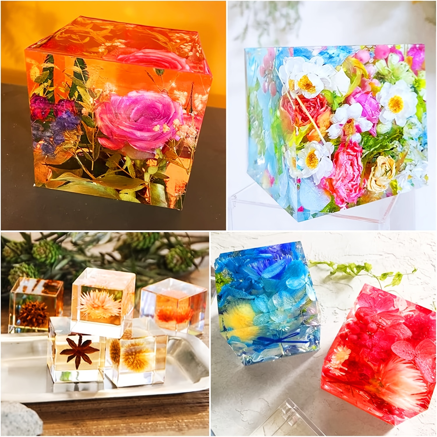 Large Square Resin Molds Upgraded Cube Silicone Molds for Resin Casting  with Wooden Support for Home Decor Flowers Preservation 8cm