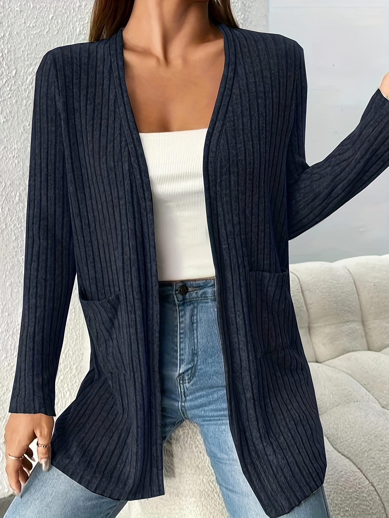 Women's Ribbed Long Sleeve Cardigan With Pockets