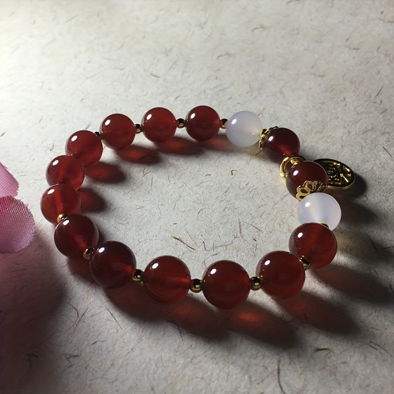 Natural Red Agate Round Beads Single Circle Bracelet For Men - Temu