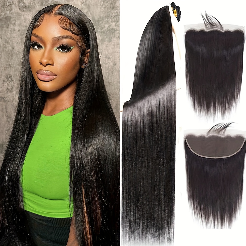 

3pcs Silk Straight Human Hair Bundles With Hd Transparent 13*4 Lace Frontal Human Hair Extensions Natural Black For Women