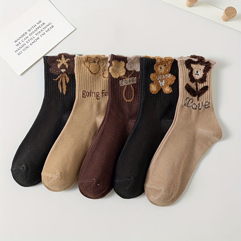 Image of 5 Pairs Of Socks For Women, Autumn And Winter, Three-dimensional Yarn, Flower, Little Bear, Mid-tube Socks, Cute Cartoon Coffee Color, College Style Long Socks