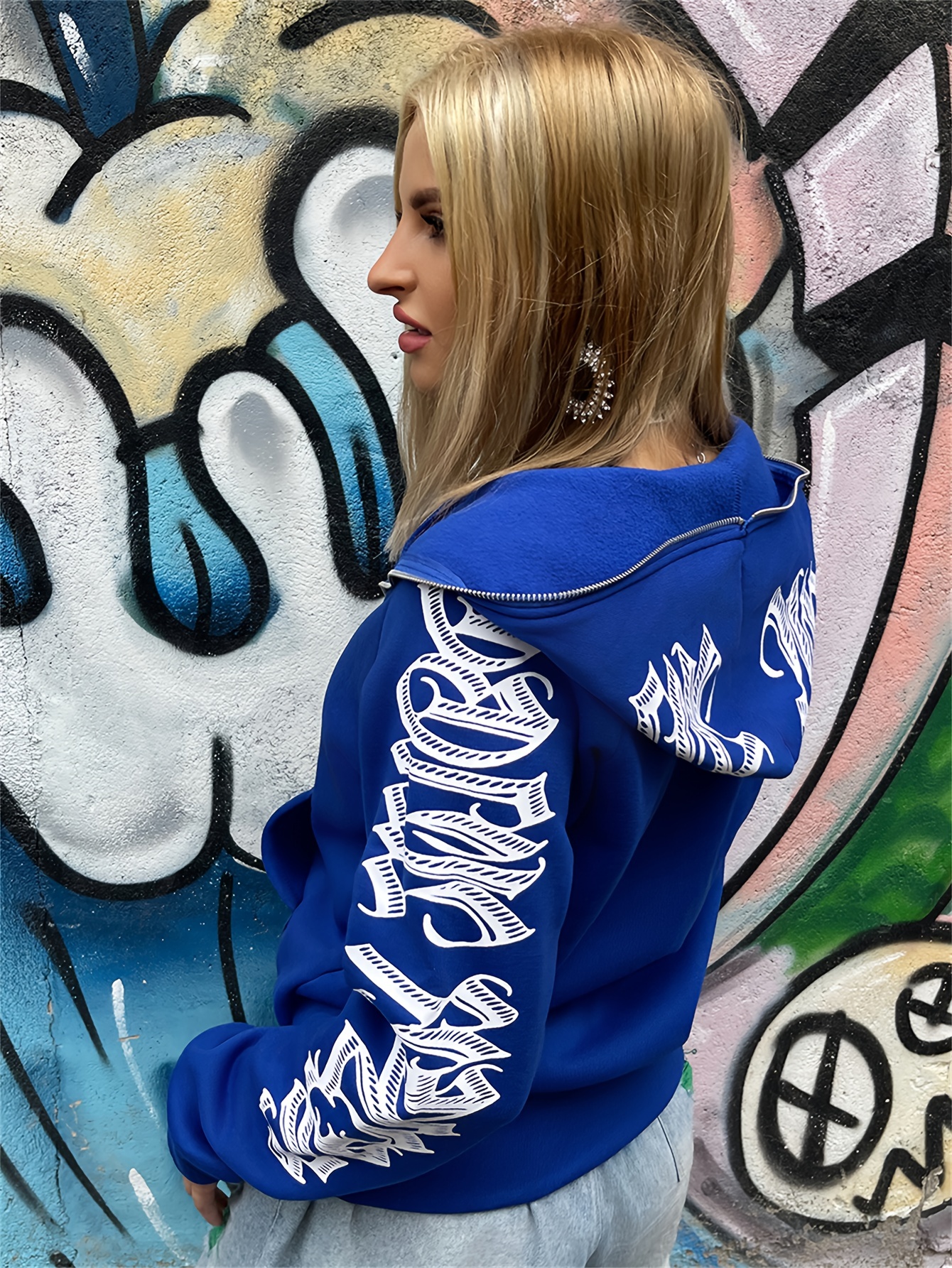 Letter Print Long Sleeve Hooded Sweatshirts Jacket Zip Y2k