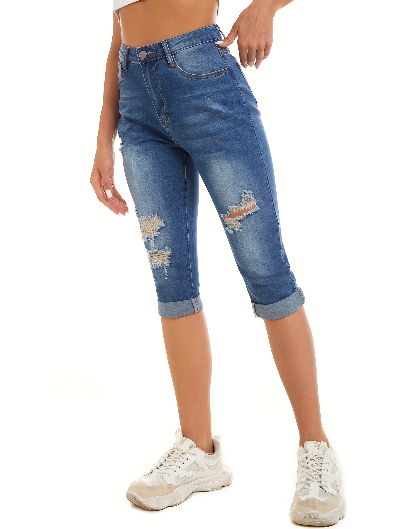 Blue Ripped Holes Capris Jeans, Slim Fit Mid-Stretch Cropped Denim Pants,  Women's Denim Jeans & Clothing