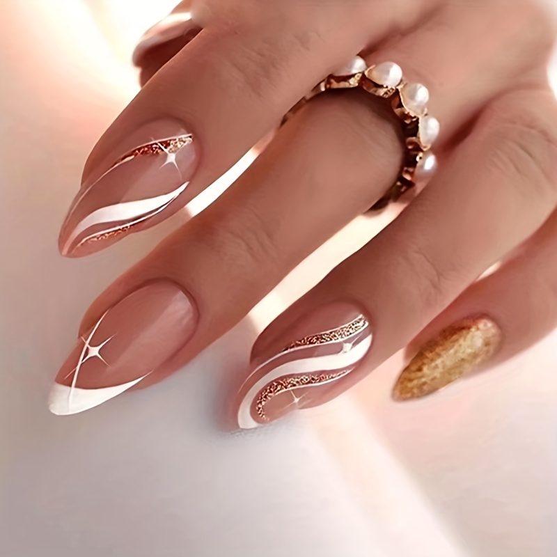 Shiny Gold French False Nail Short Almond Press on Nails for Nails Art  24pcs