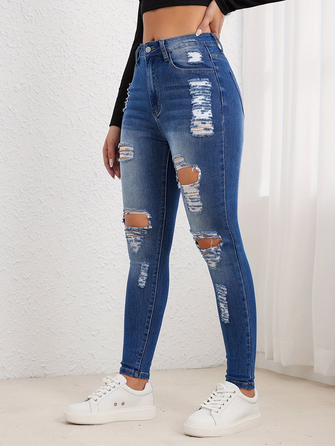 Ripped Holes Casual Bootcut Jeans High Stretch Slant Pockets - Temu
