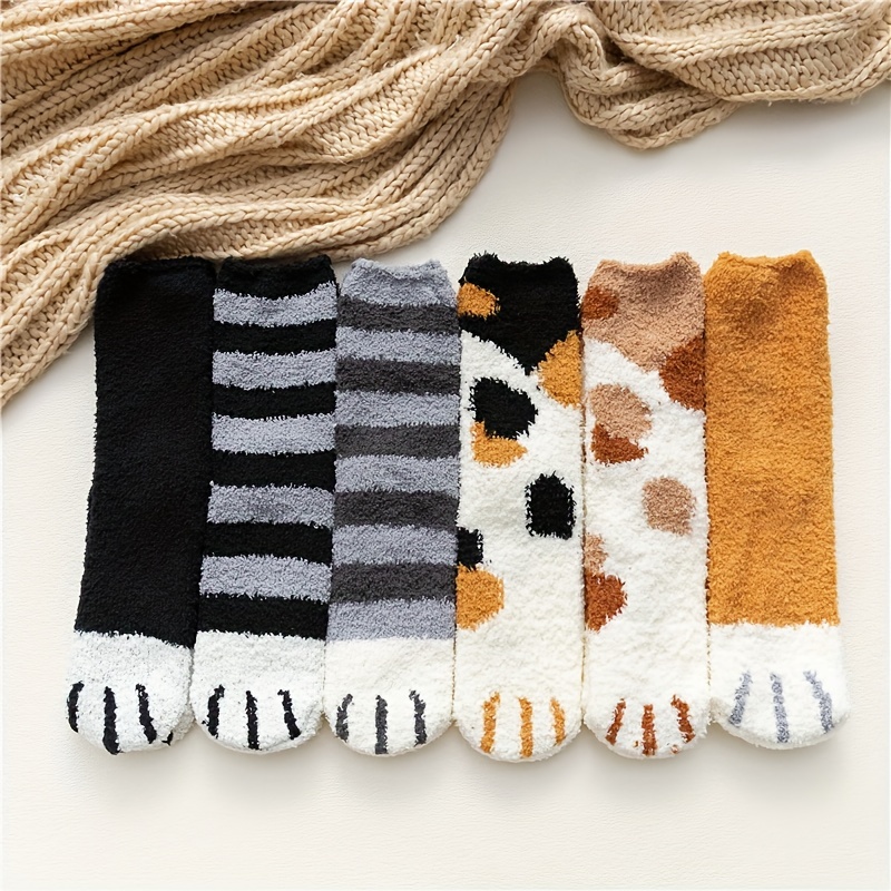 

6 Pairs Cartoon Cat Paw Socks, Comfy & Warm Fuzzy Socks, Women's Stockings & Hosiery