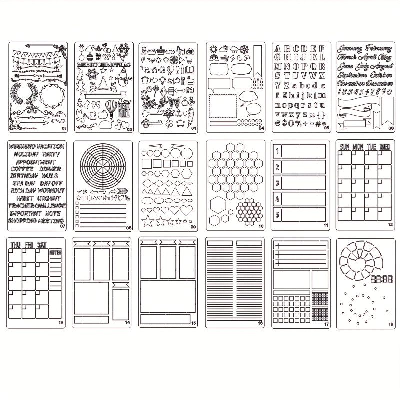 18PCS Journal Stencil Set Journal Planner Stencils for Bullet Dot Journals  and Planners Layout DIY Drawing Calendars, Schedule, Habit Trackers, Goals