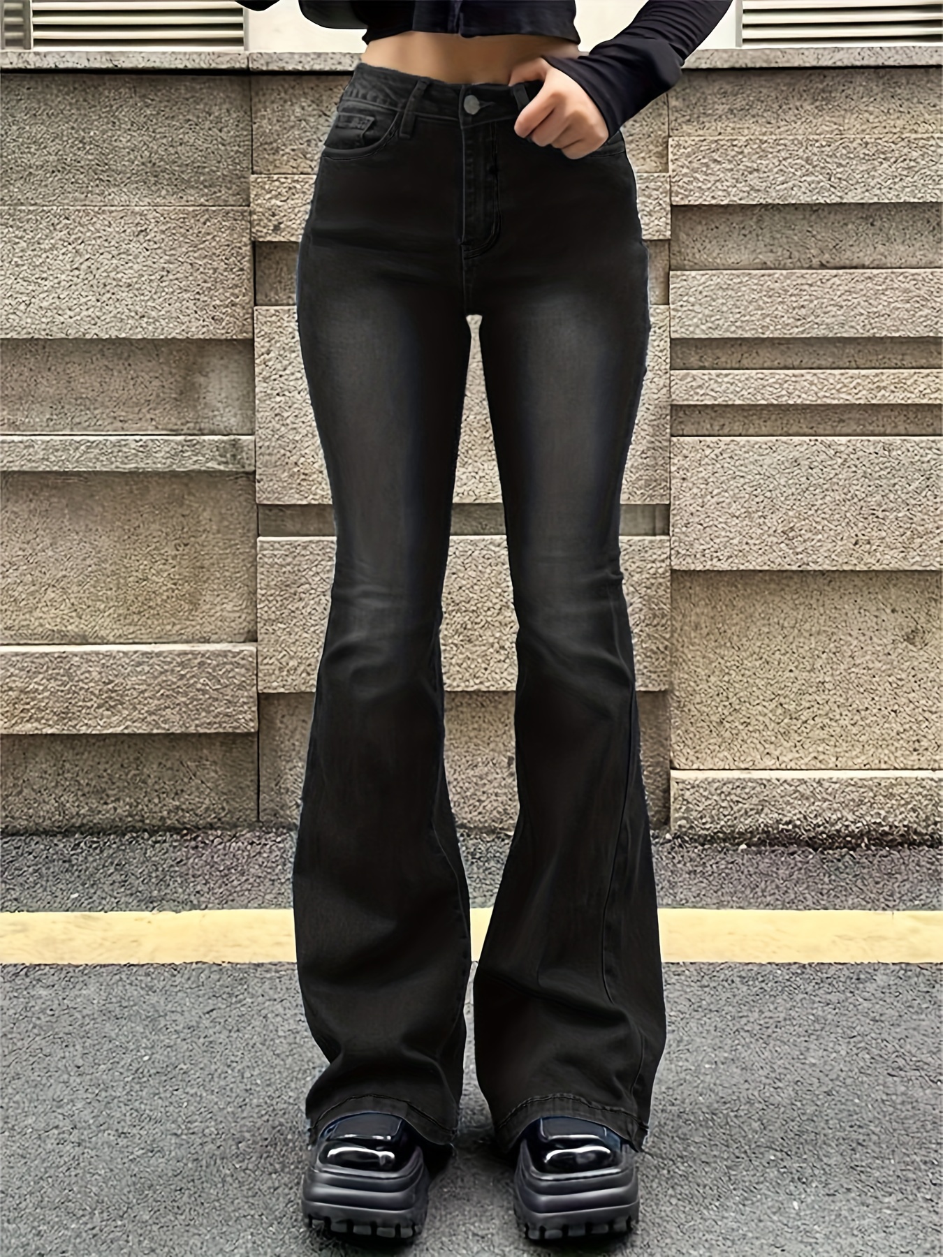 HIGH WAISTED STRETCHY BELL BOTTOM BLACK JEANS - LOVER BRAND FASHION